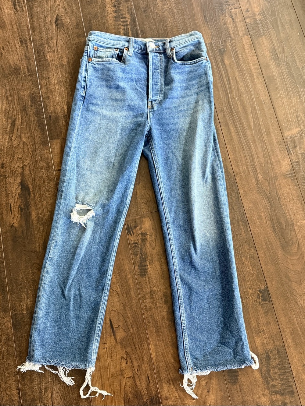 Re/Done Medium Wash Straight Leg Fray Distressed Jeans